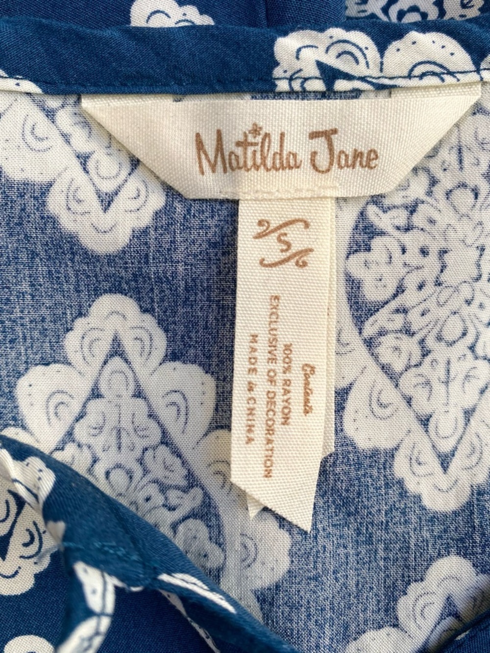Matilda Jane Blue White Tile Print Tassel Pocket Romper, Size S - Picture 9 of 10